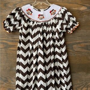 Chevron Patterned Kids Dress with Owl Embroidery